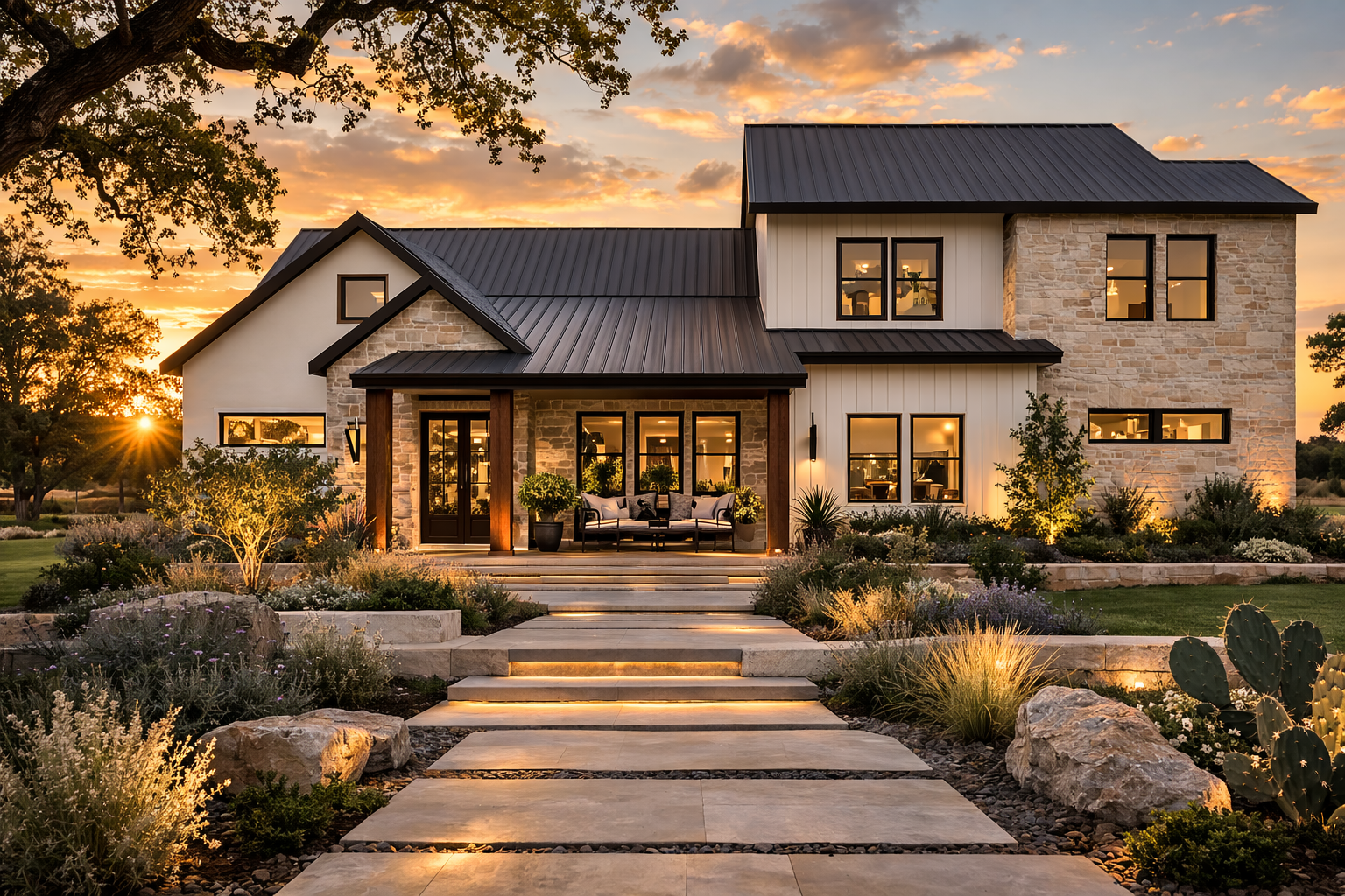 Modern farmhouse at sunset in landscape